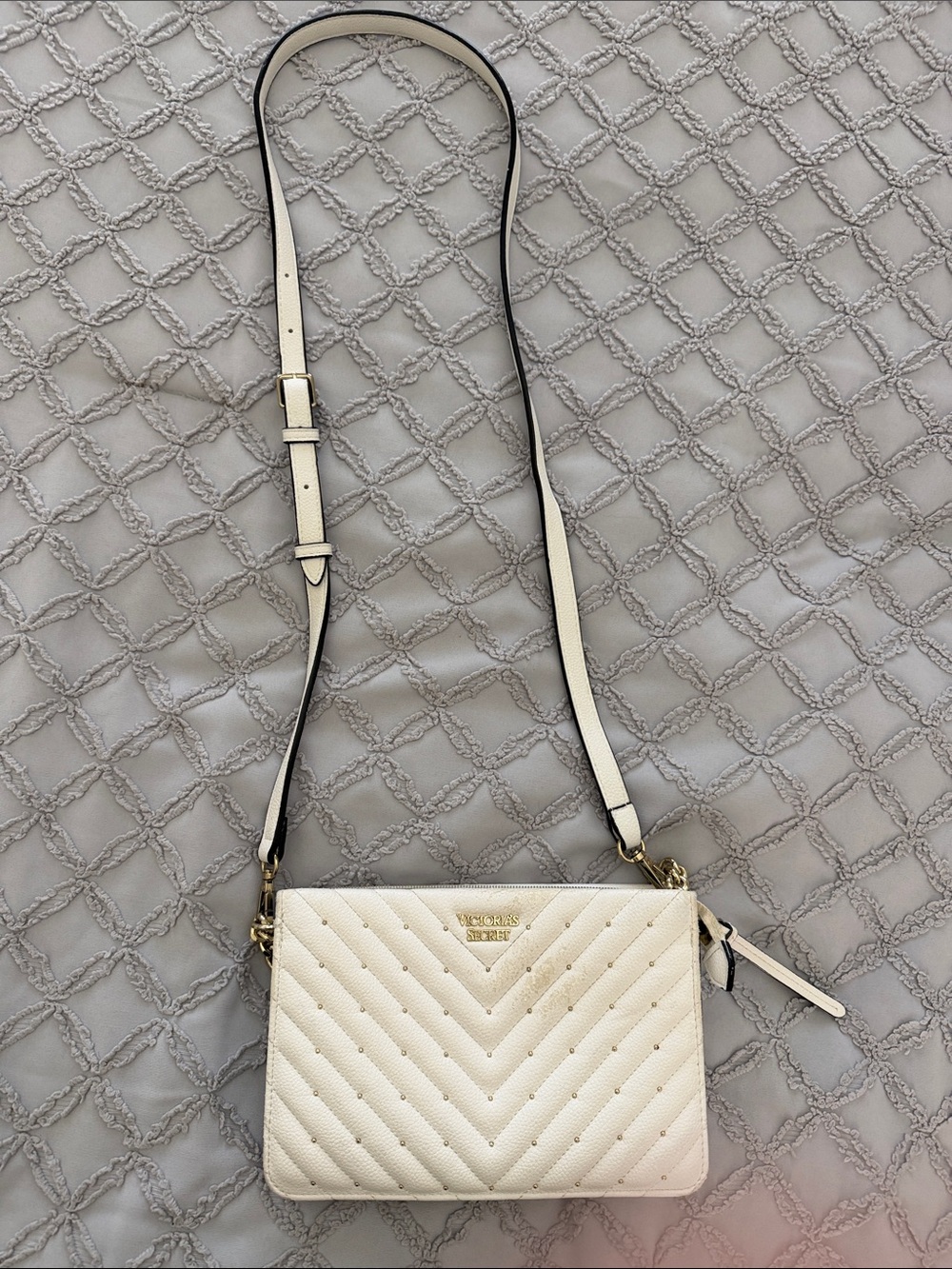 Victoria's Secret white Quilted Chevron Crossbody with Gold Hardware